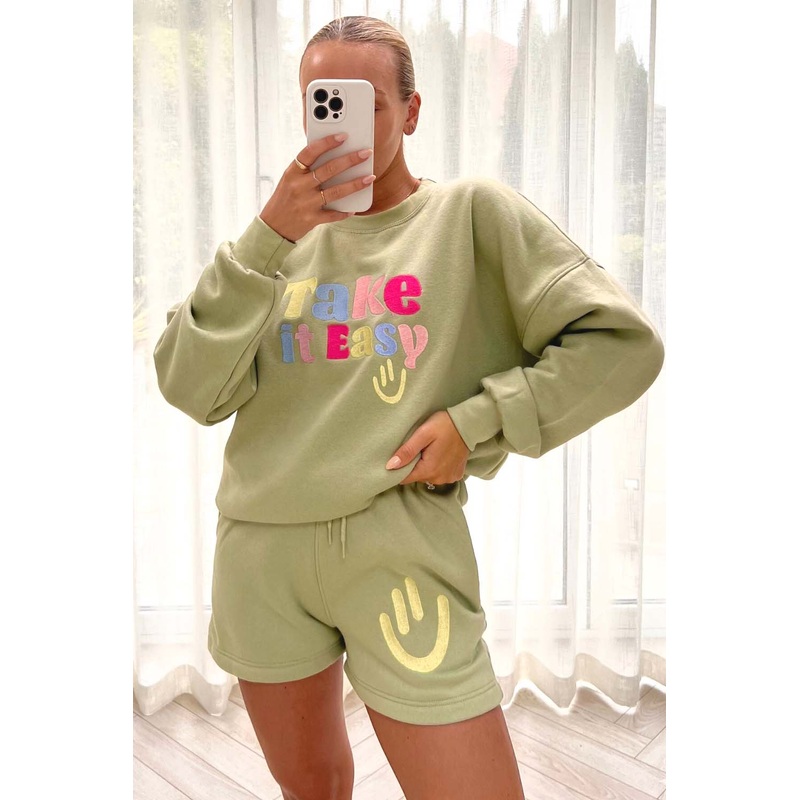 take it easy sage embroidered sweater short loungewear set