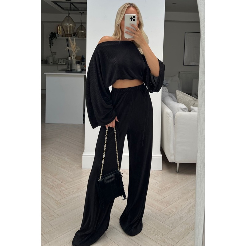 Christie black pleated off shoulder ruched  trouser coord