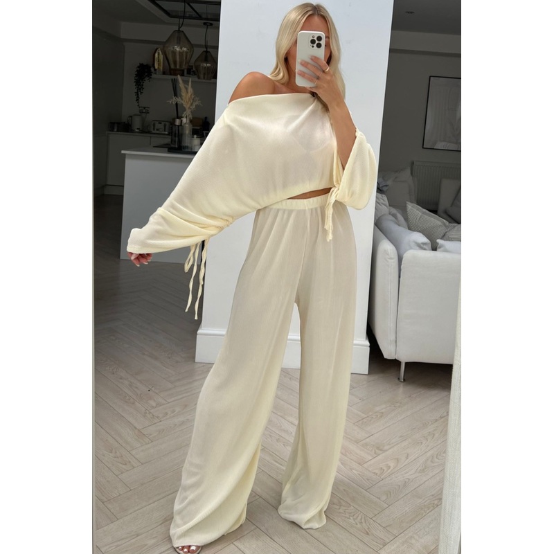 Christie cream pleated off shoulder ruched  trouser coord