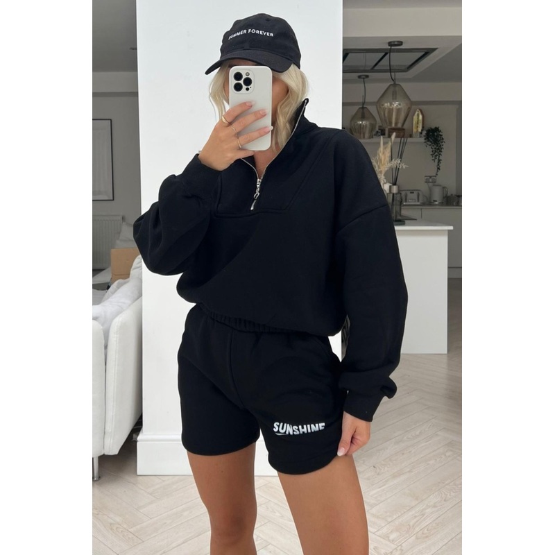 Sunshine black 1/4 zip print sweater short set