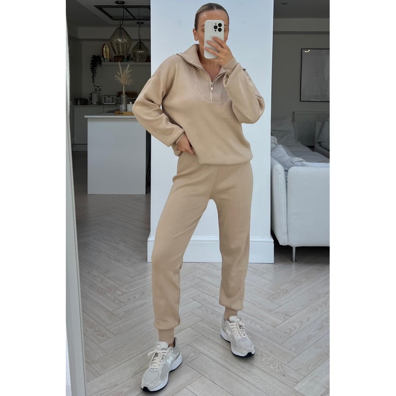 Bella beige long sleeve 1/4 zip neck loungewear set
