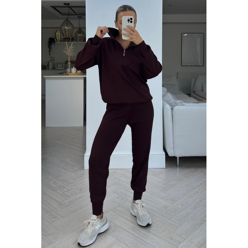 Bella chocolate long sleeve 1/4 zip neck loungewear set