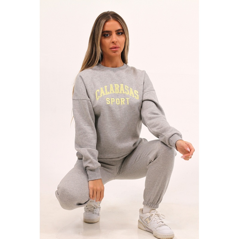 Calabasas sport grey embroidered sweater jogger loungewear set