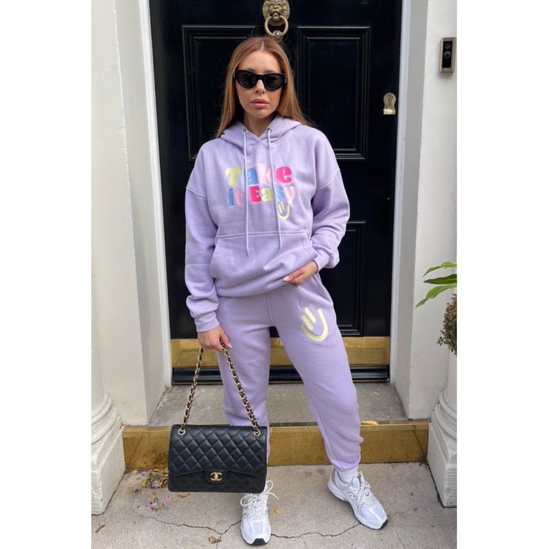 take it easy lilac embroidered hooded jogger loungewear set