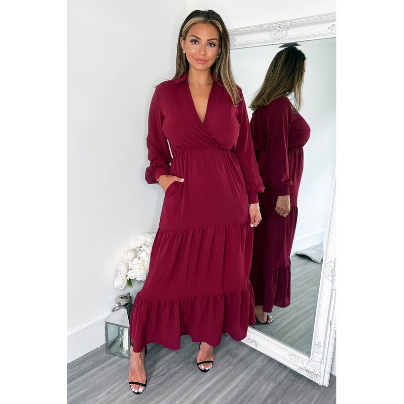 Wine Long Sleeve Wrap Top Smock Midi Dress