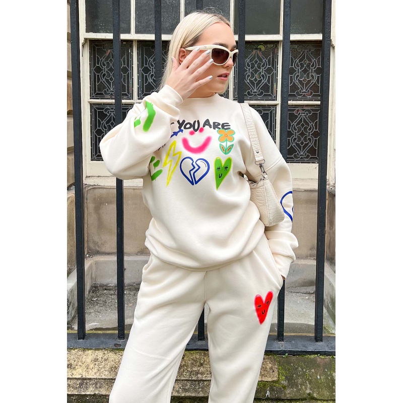 All you are premium ecru printed sweater loungewear set