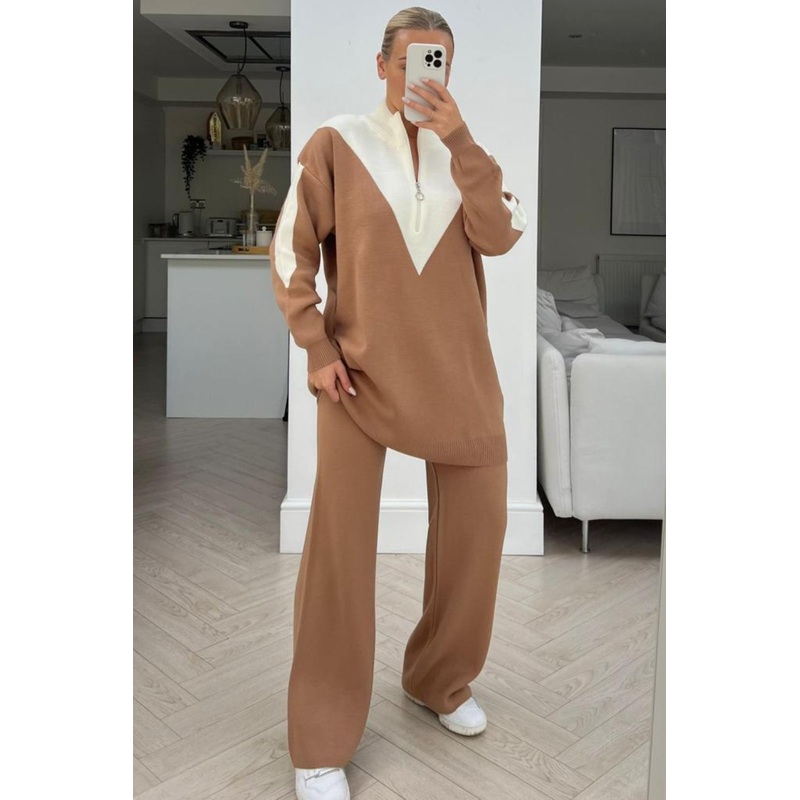 Ellis camel & cream long sleeve 1/4 zip neck loungewear set