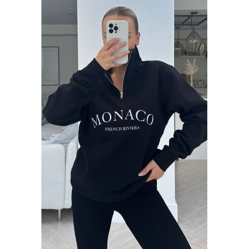 monaco black embroidered 1/4 zip sweater