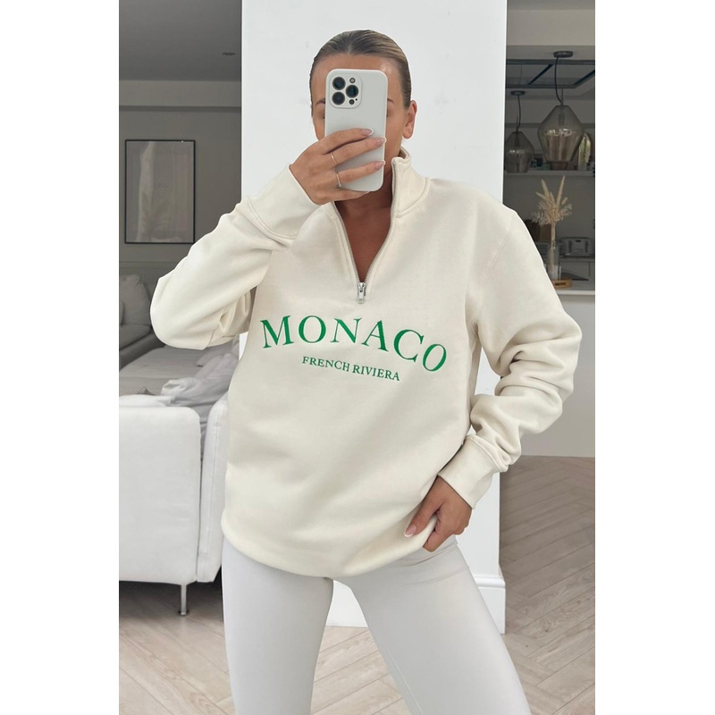 monaco ecru embroidered 1/4 zip sweater