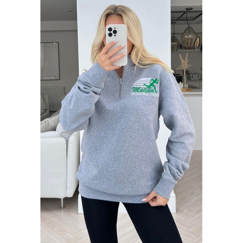 Running club grey embroidered 1/4 zip sweater