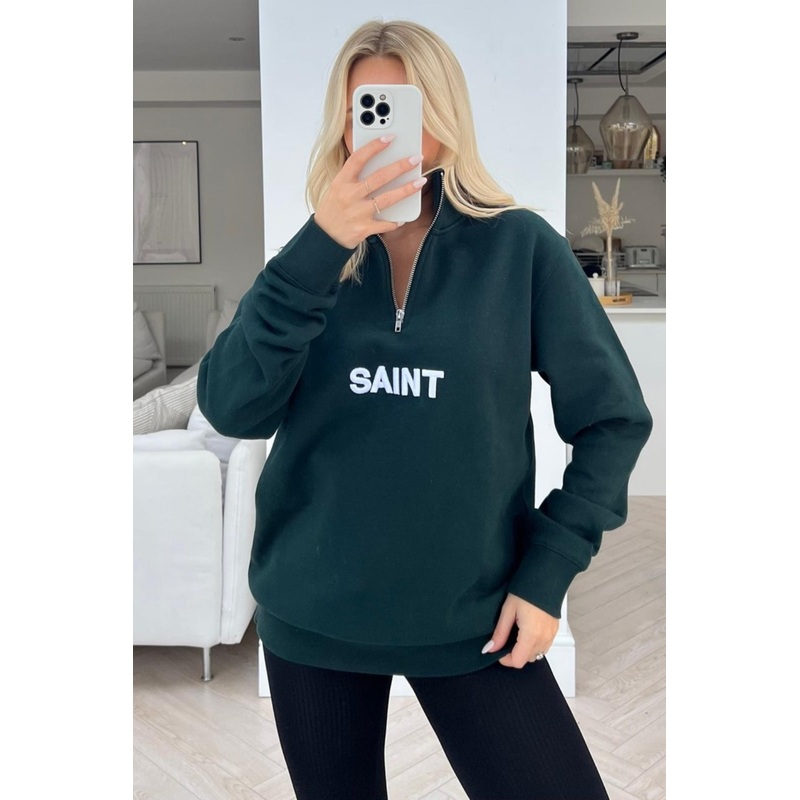 Saint forest green embroidered 1/4 zip sweater