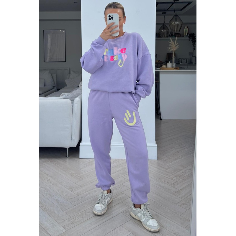 Take it easy lilac embroidered sweater loungewear sets