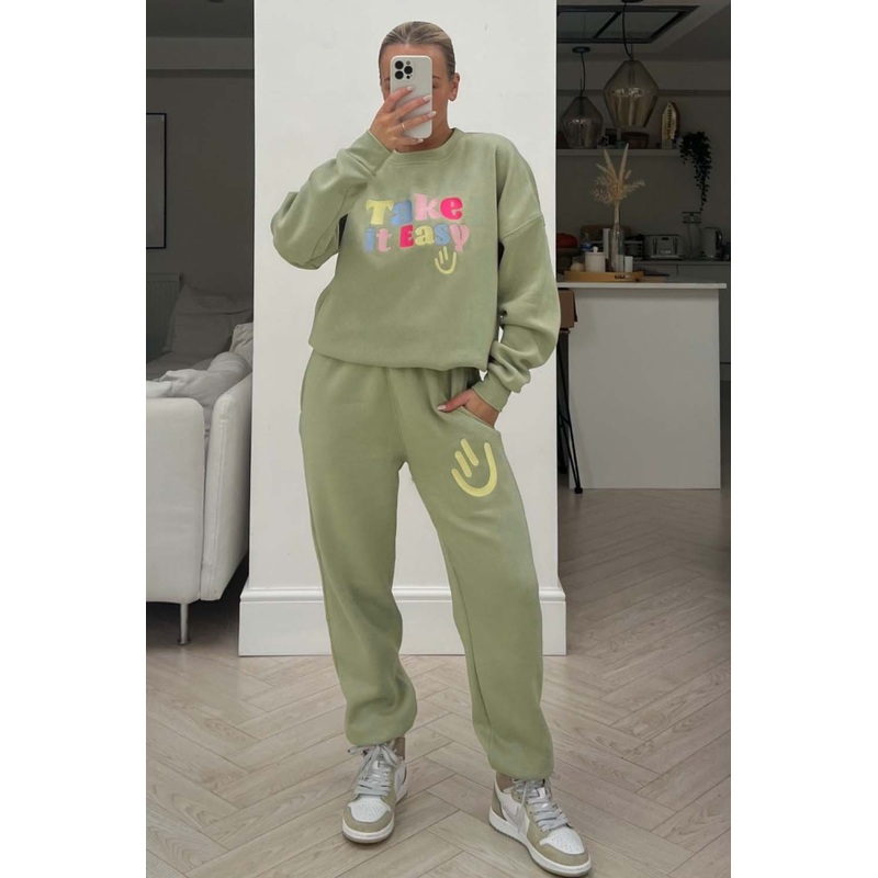 take it easy sage embroidered sweater loungewear set