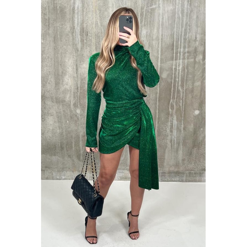 rayla Green shimmer long sleeve drape dress