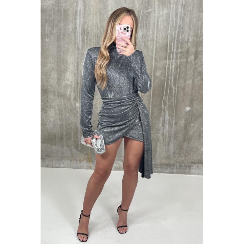 rayla silver shimmer long sleeve drape dress