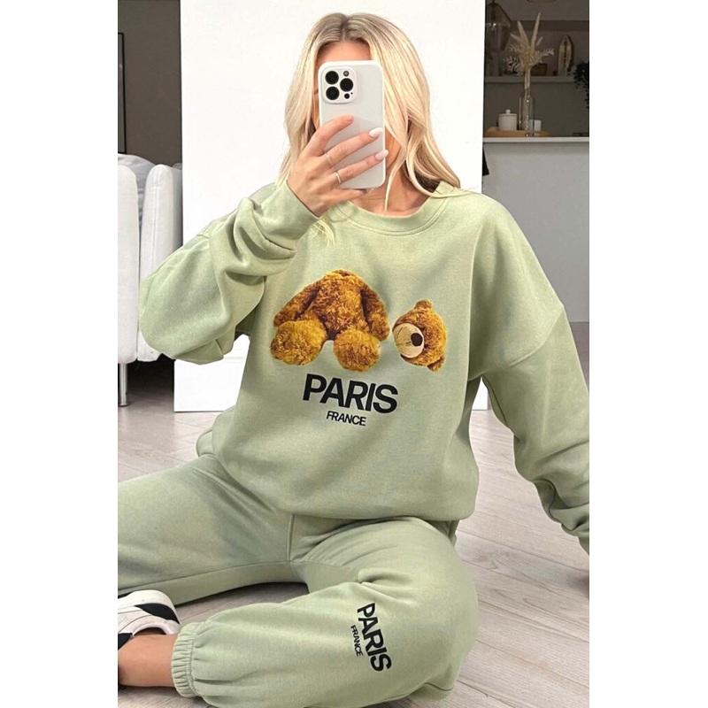 Teddy heads Off sage sweater loungewear set