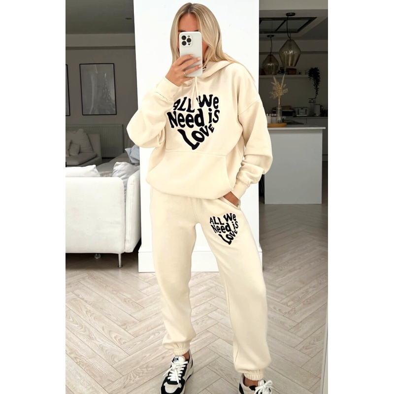 All you need is love ecru embroidered hooded loungewear set