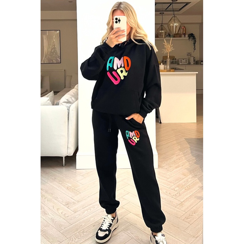 Amour black embroidered hooded loungewear set