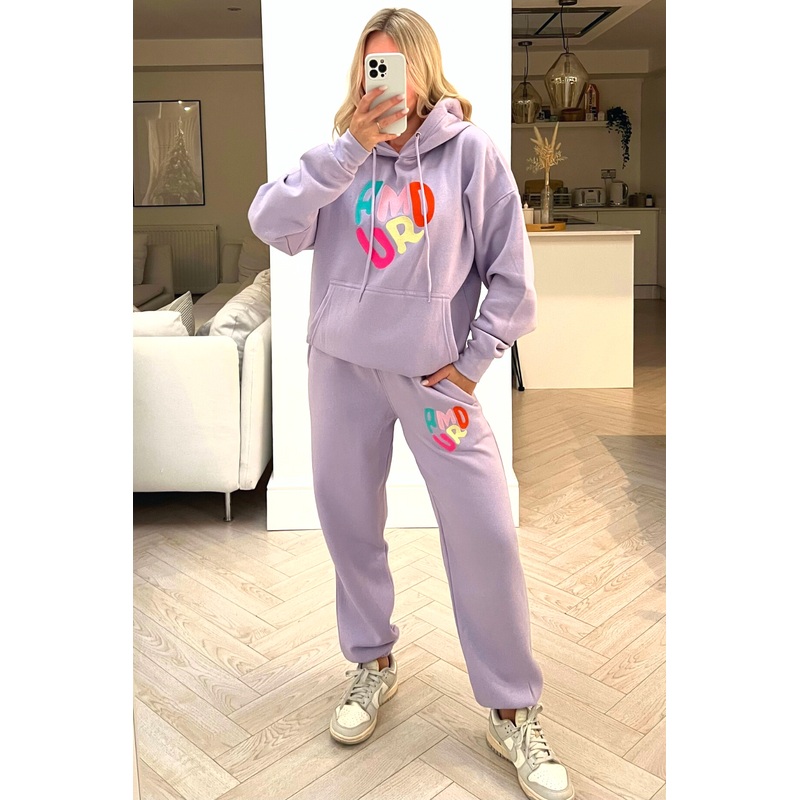 Amour lilac embroidered hooded loungewear set