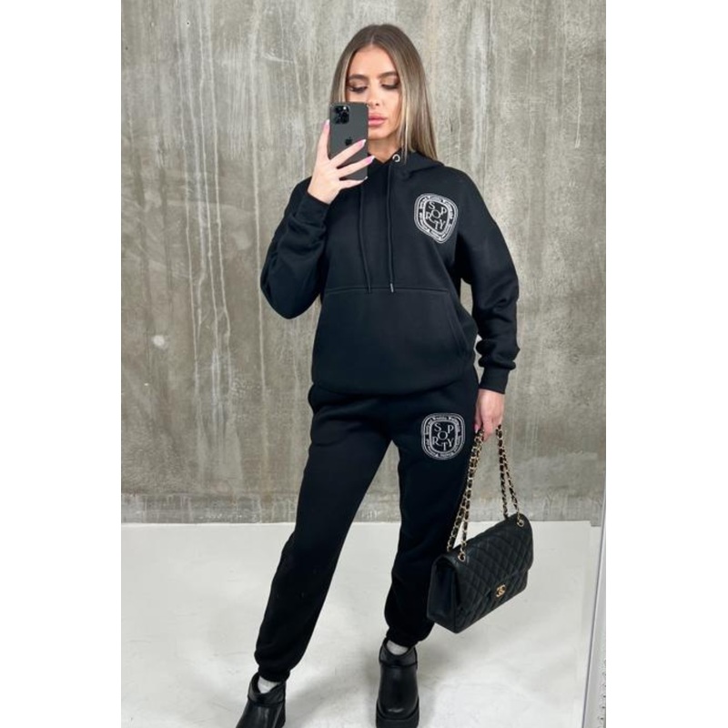 Black Sporty & Wealthy Badge embroidered Hoodie lounge set