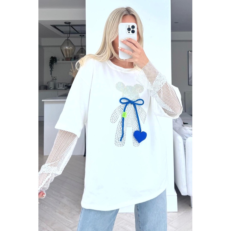 Heart Teddy White embellished sheer sleeve top