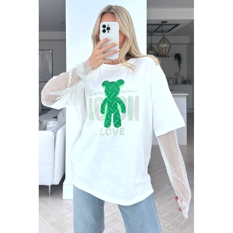 Icon Teddy White embellished sheer sleeve top