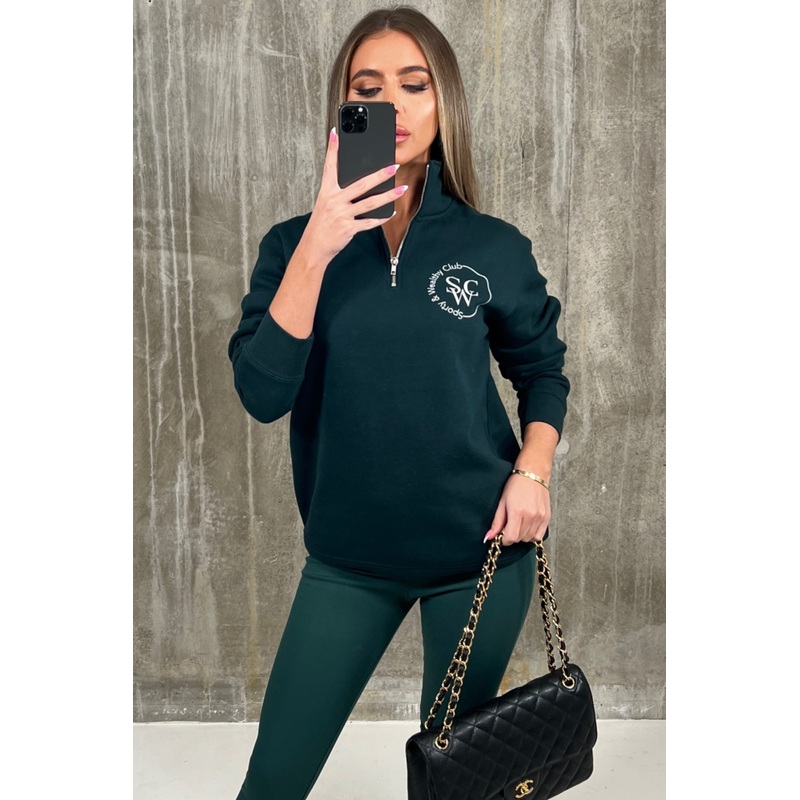 Sporty Wellness Club forest green embroidered 1/4 zip sweater