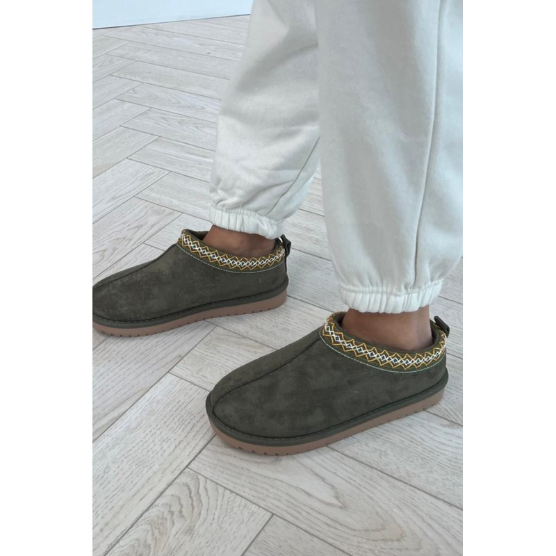 Tamsin Khaki Faux Suede Slip On Mules