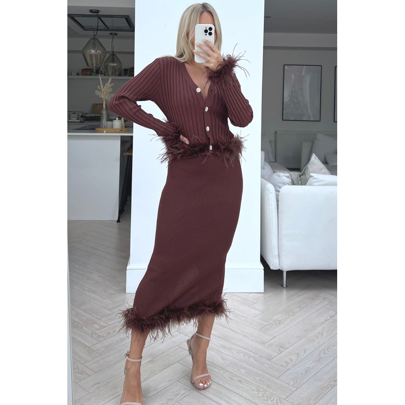Yazmin chocolate cardigan feather trim skirt coord