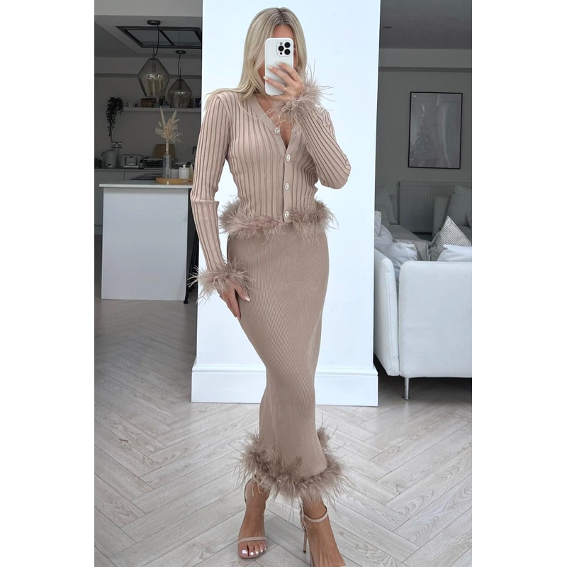 Yazmin taupe cardigan feather trim skirt coord