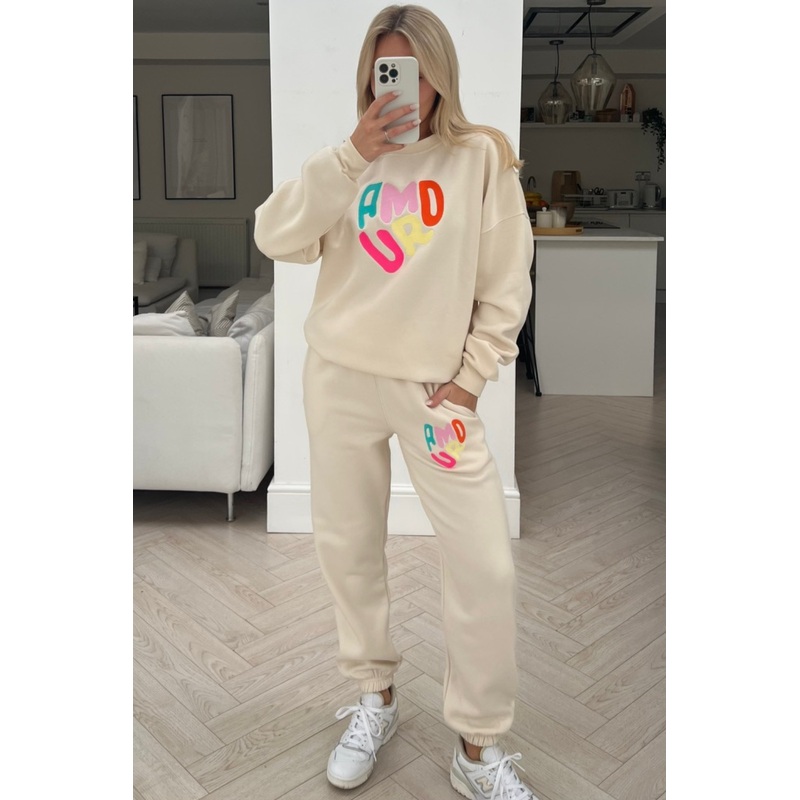 Amour ecru embroidered jogger sweater loungewear set