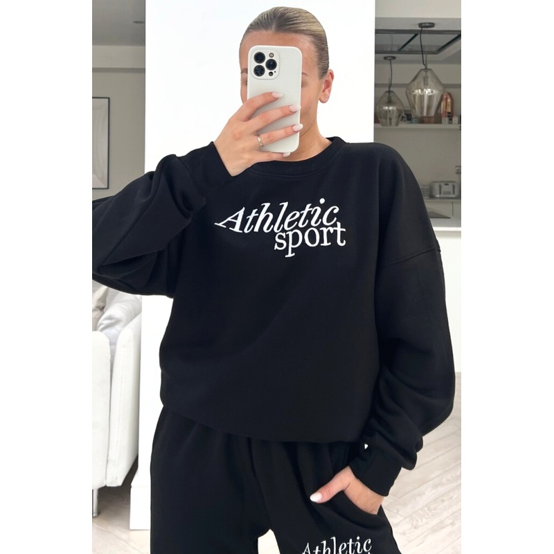 Athletic sport black embroidered jogger sweater loungewear set