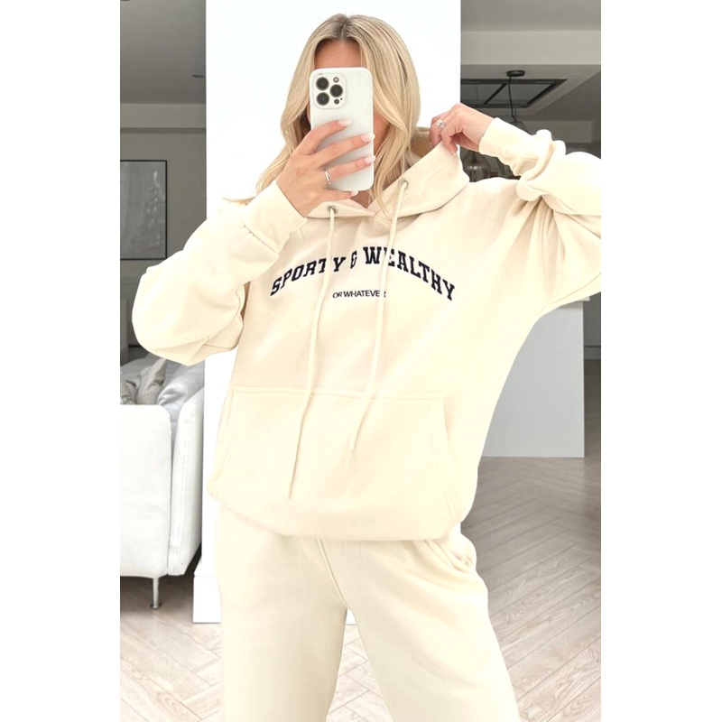 Sporty or whatever ecru embroidered hooded loungewear set