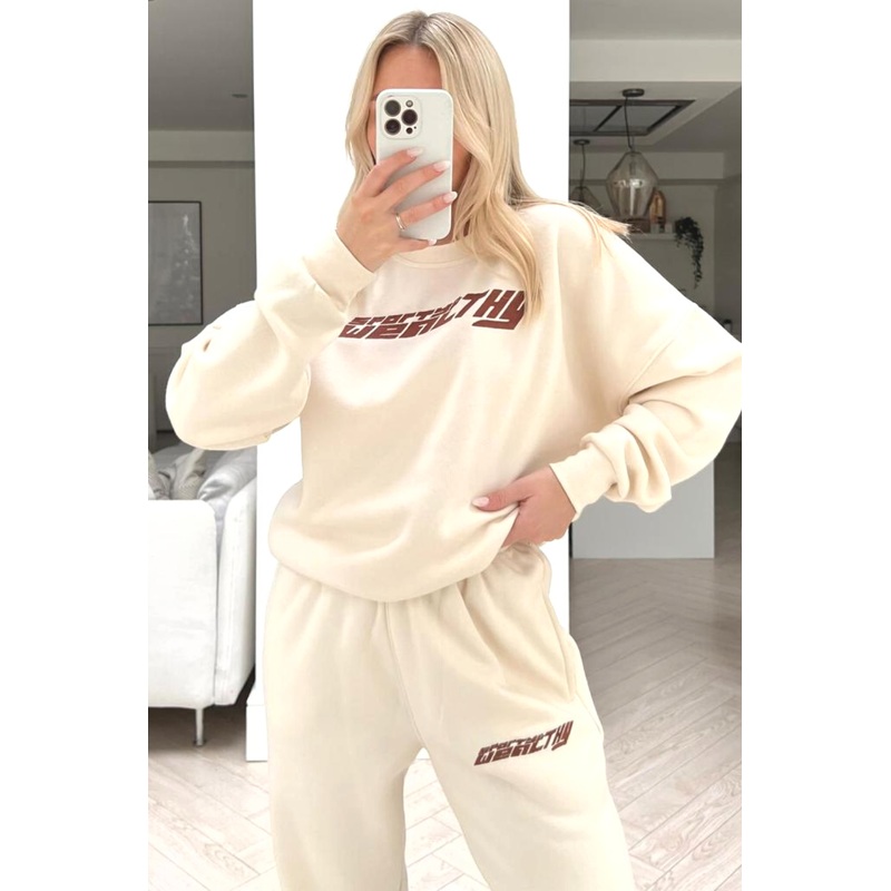 Sporty & Wealthy ecru embroidered sweater loungewear set