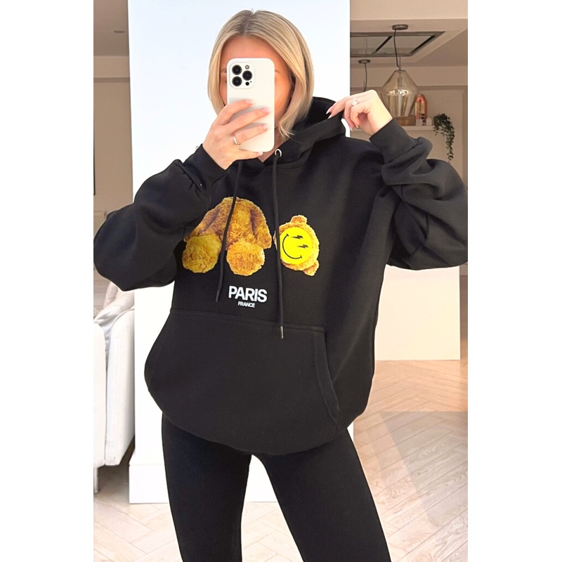 heads off smiley teddy black printed drawstring hoodie
