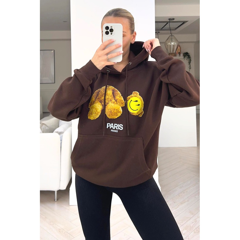 heads off smiley teddy chocolate printed drawstring hoodie