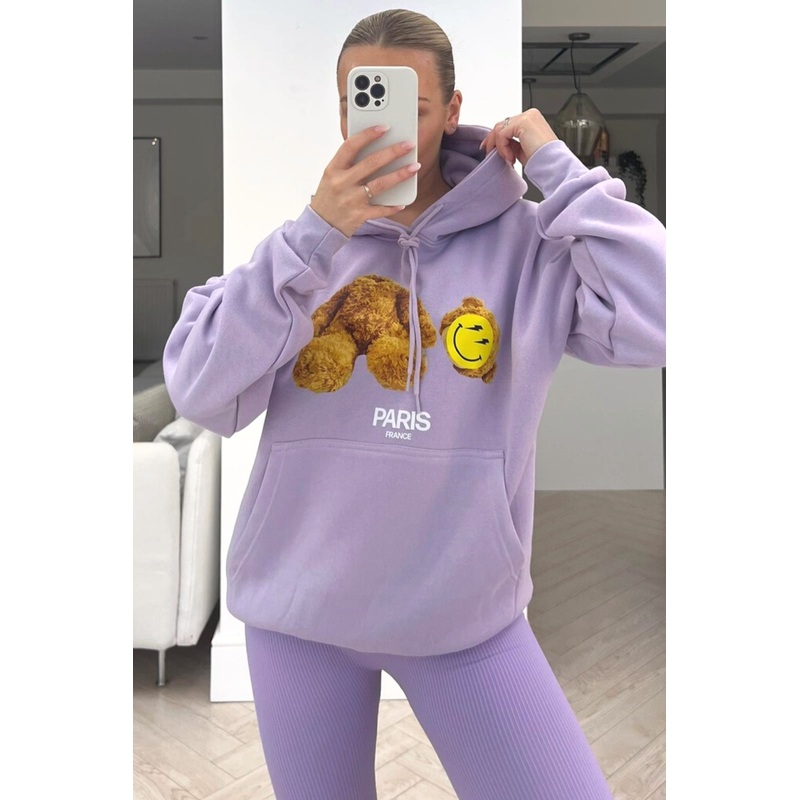 heads off smiley teddy lilac printed drawstring hoodie
