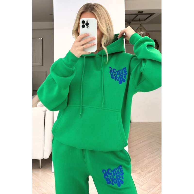 active sport bottle green embroidered hooded loungewear set