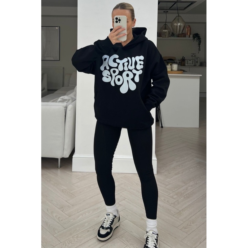 Active sport premium black printed hoodie