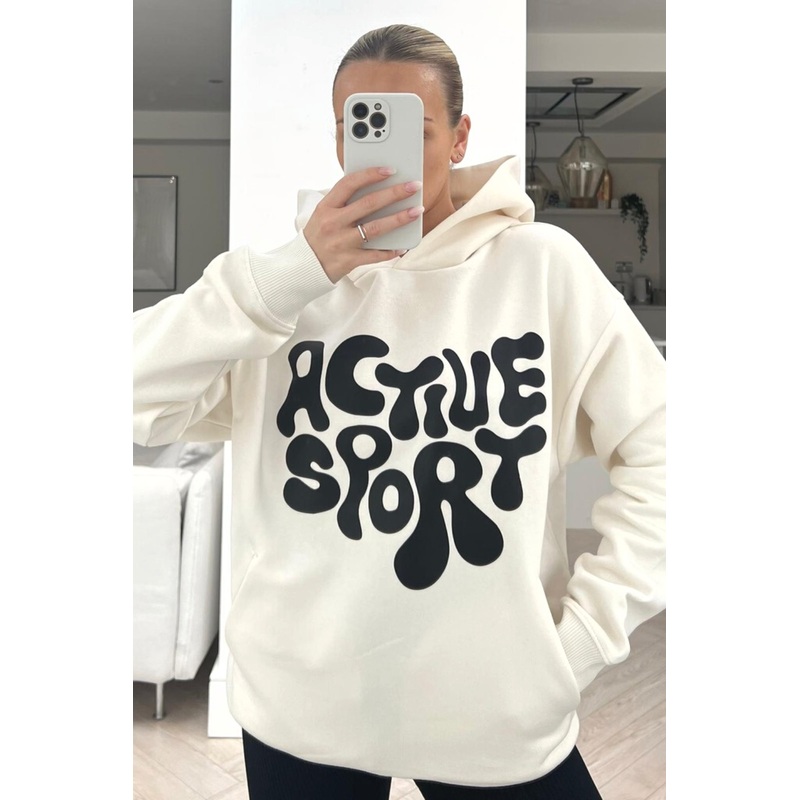 Active sport premium ecru printed hoodie