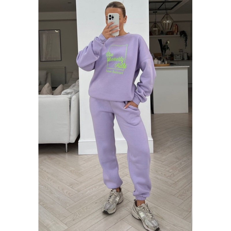 Beverly Hills lilac & green embroidered sweater loungewear set