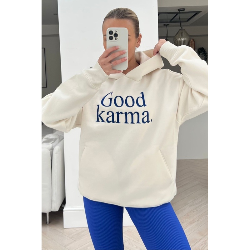 Good Karma ecru & blue premium embroidered hoodie