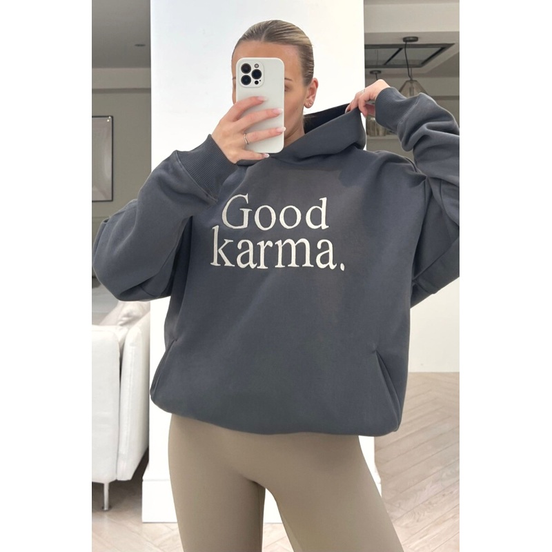 Good Karma steel Grey premium ecru embroidered hoodie