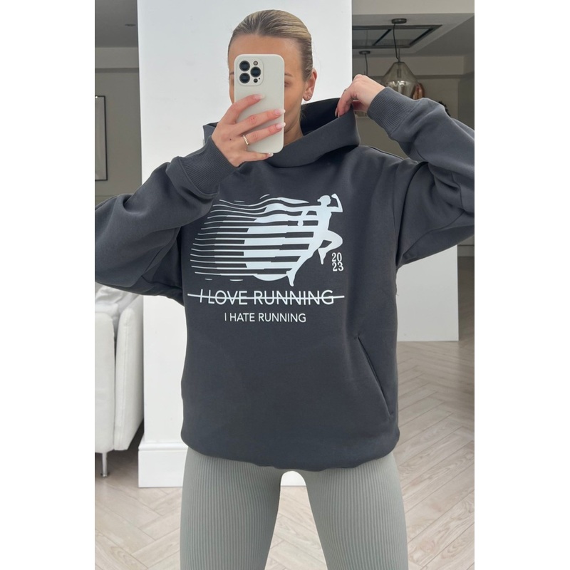 I hate running steel grey printed premium hoodie