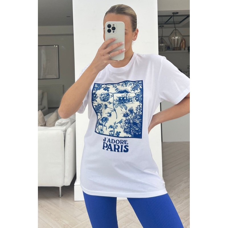 Jadore paris floral white & blue printed tee