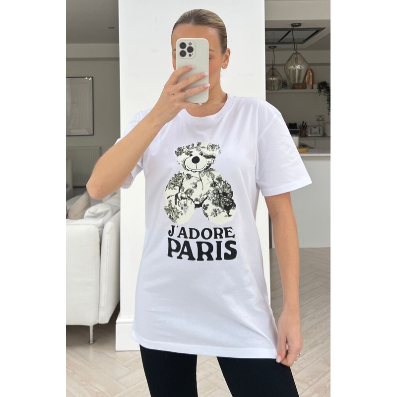 Jadore paris teddy white & black printed tee