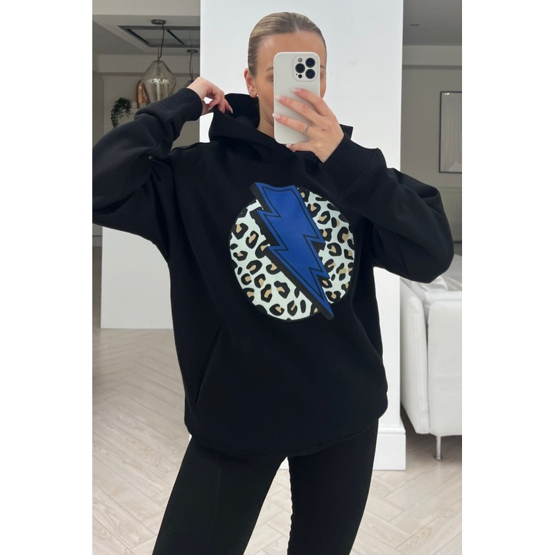 Lightening leopard premium black & blue printed hoodie