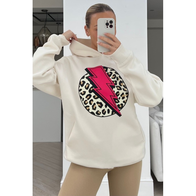 Lightening leopard premium ecru & pink printed hoodie