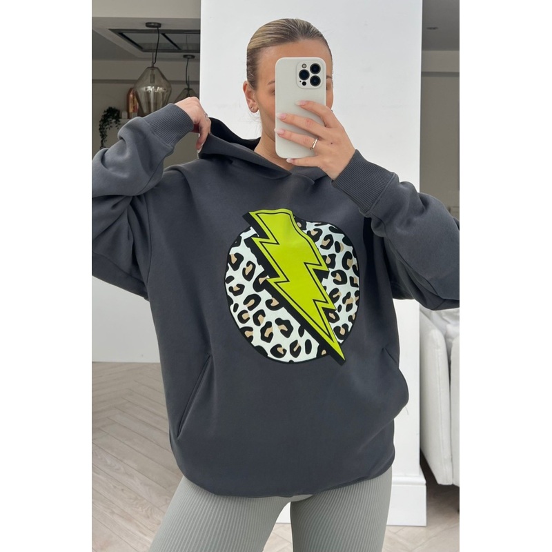 Lightening leopard premium grey & green printed hoodie
