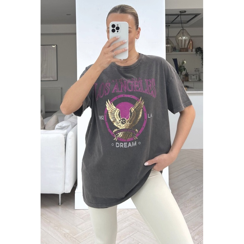 Los Angeles grey & gold acid wash premium printed tee